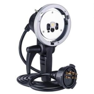Extension head for studio strobe on white background