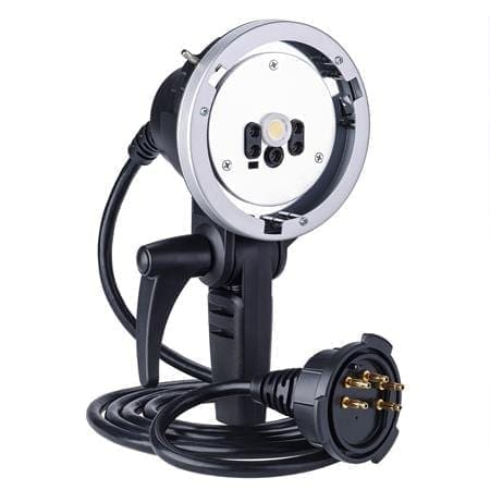 Extension head for studio strobe on white background