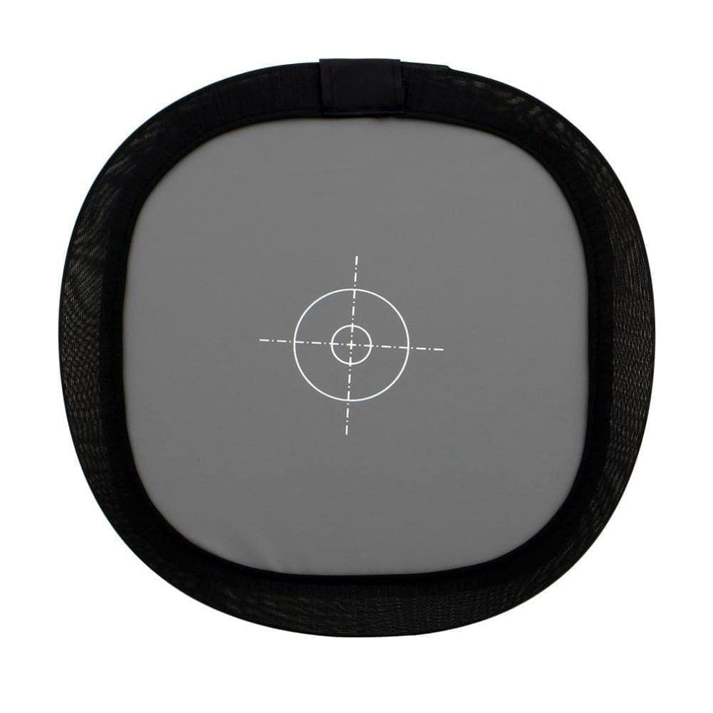 gray card with black rim and white bullseye in center on a white background
