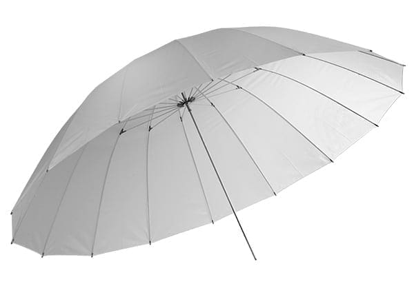open transparent photography umbrella on white background